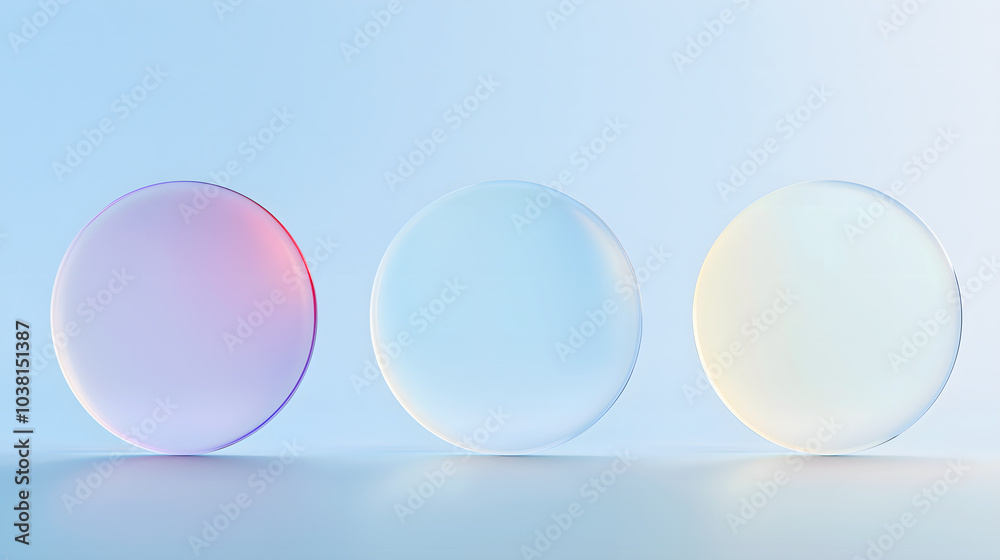 Three translucent glass discs stand in a row, featuring soft colors: light pink, light blue, and light yellow. Clean background and minimalist design. Three translucent glass discs stand in a row, featuring soft colors: light pink, light blue, and light yellow. Clean background and minimalist design.