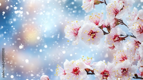 Blooming flowers of apricot tree close up. Christmas background with snowflakes and snow  photo