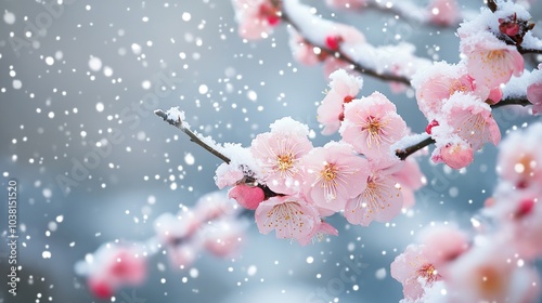 Blooming flowers of apricot tree close up. Christmas background with snowflakes and snow  photo