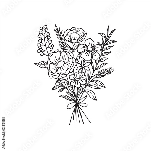 Flower bouquet vector. Hand drawn flower. Wildflower line art bouquets, wild plant, botanical vector illustration