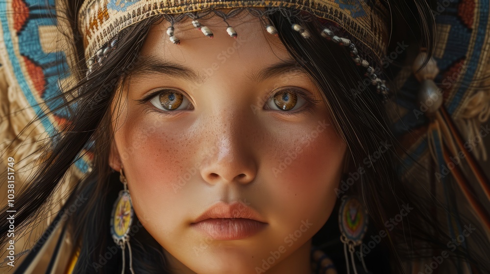 Mongolian girl with jet-black hair and sun-kissed skin, framed by the intricate details of her traditional headdress. The background features the ancient city of Karakorum, its weathered ruins Mongolian girl with jet-black hair and sun-kissed skin, framed by the intricate details of her traditional headdress. The background features the ancient city of Karakorum, its weathered ruins