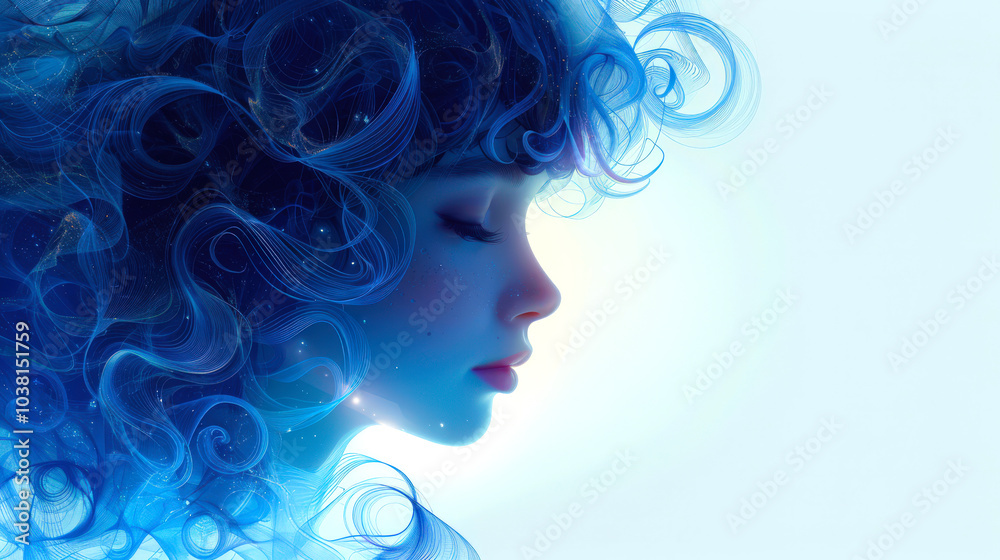 Portrait of a beautiful young woman with a shock of blue hair on a white background, profile view. Close-up of the beauty's face. The concept of the Aquarius sign according to the horoscope Portrait of a beautiful young woman with a shock of blue hair on a white background, profile view. Close-up of the beauty's face. The concept of the Aquarius sign according to the horoscope