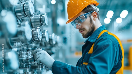 Mechanical engineer adjusting a pneumatic system on a large industrial machine, bright factory lights, closeup of tools