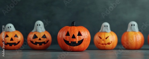 Playful halloween pumpkins with ghosts a festive display of spooky decor for fall celebrations