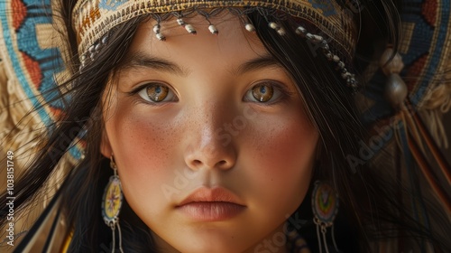 Mongolian girl with jet-black hair and sun-kissed skin, framed by the intricate details of her traditional headdress. The background features the ancient city of Karakorum, its weathered ruins photo