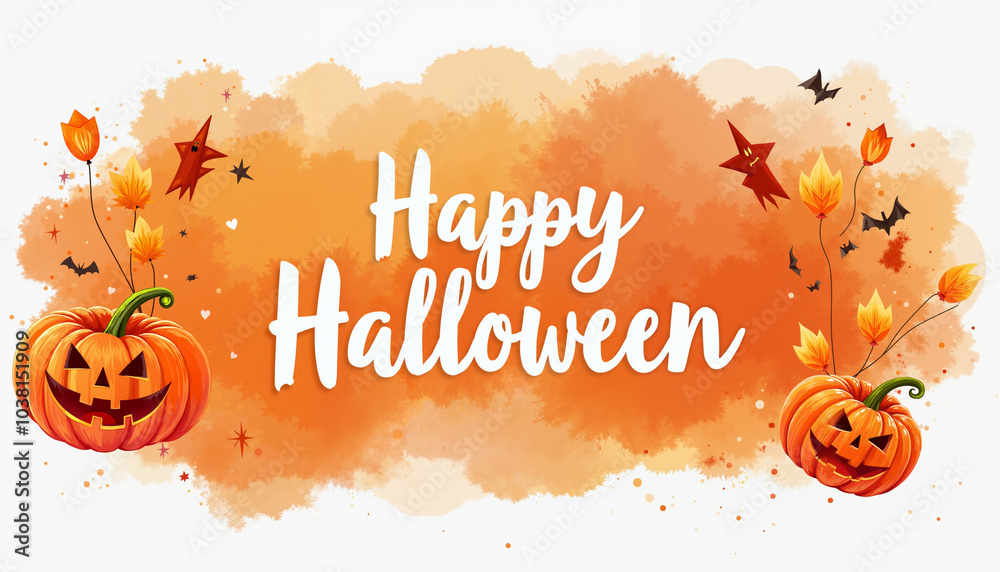 Naklejka premium A digital watercolor illustration of two jack-o'-lanterns with a watercolor orange background. The words 