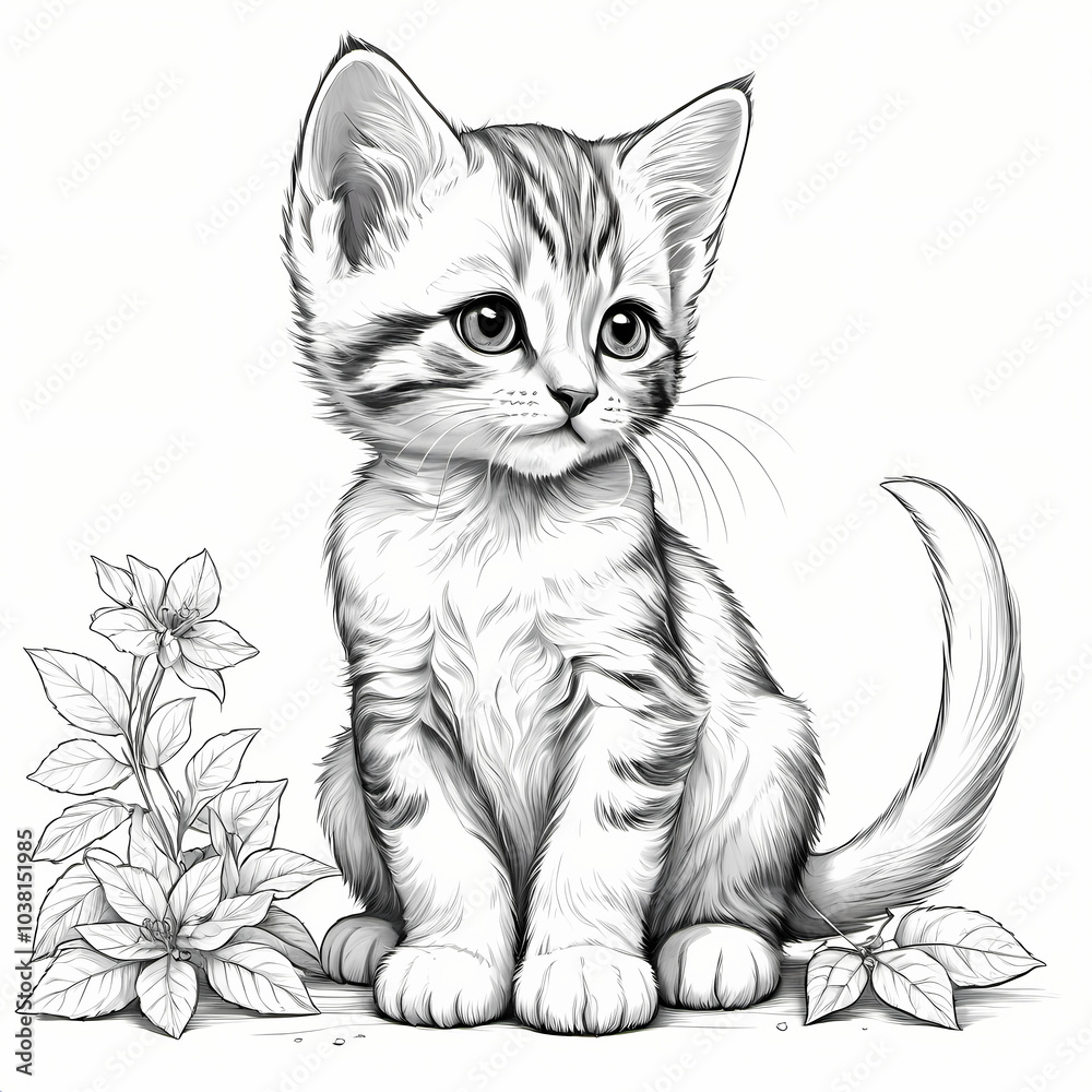 Fototapeta premium Cute Young Kitten Retro Style Coloring Book Page