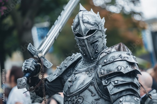 cosplayer wearing a meticulously crafted suit of medieval knight armor. The armor is made of intricately sculpted foam or thermoplastics, resembling metal but lightweight and flexible for mobility. 