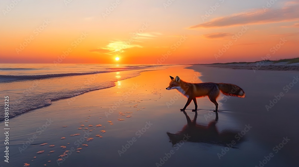 Peaceful Fox Strolls Along Tranquil Beach at Sunrise Peaceful Fox Strolls Along Tranquil Beach at Sunrise