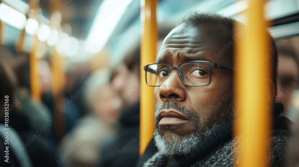 Fototapeta premium Worker Boarding Crowded Bus for Commute to Work