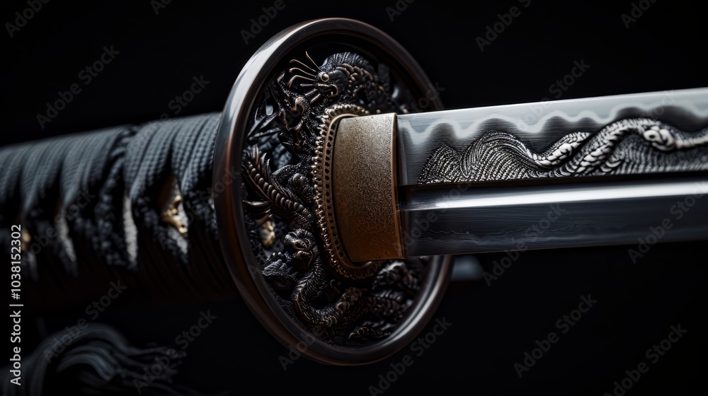 traditional Japanese katana, with focus on the folded steel blade, intricate hamon pattern, and the handguard (tsuba). The lighting enhances the reflections on the polished metal traditional Japanese katana, with focus on the folded steel blade, intricate hamon pattern, and the handguard (tsuba). The lighting enhances the reflections on the polished metal