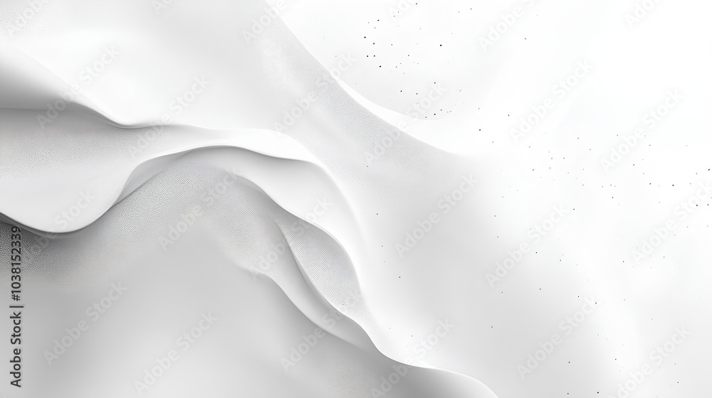 Fototapeta premium A digital rendering of an abstract white surface with subtle black specks. The surface features flowing, undulating waves, creating a minimalist and visually appealing composition.