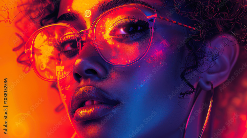 Modern futuristic neon image of a young beautiful stylish young African woman in a disco club, close-up. Close-up of a student with glasses and piercing eyes Modern futuristic neon image of a young beautiful stylish young African woman in a disco club, close-up. Close-up of a student with glasses and piercing eyes