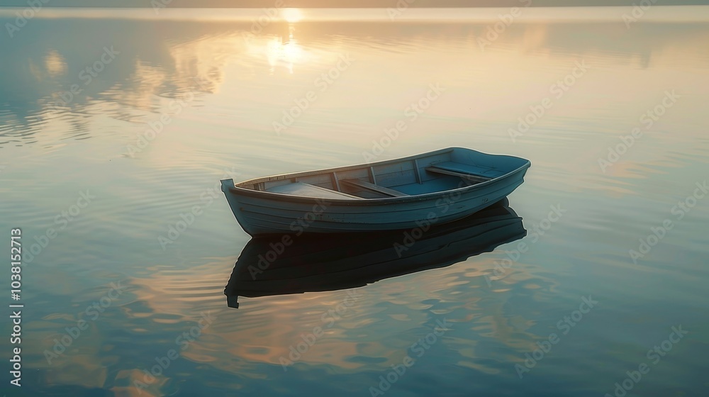 Serene sunset over calm lake with a sole boat and warm hues reflecting on gentle ripples Serene sunset over calm lake with a sole boat and warm hues reflecting on gentle ripples