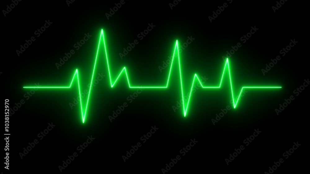 Abstract neon line heart pulse icon illustration. Green neon heartbeat signal icon on black background. Illustration of the heartbeat and pulse rate signal of an abstract neon energy.