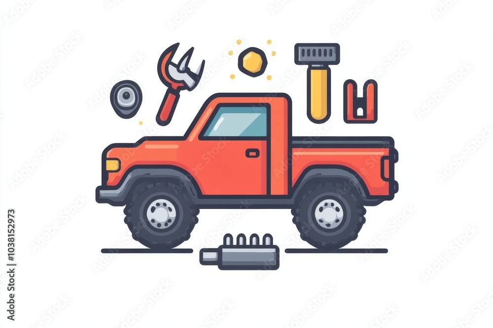Red Pickup Truck with Car Repair Tools and Parts Illustration Red Pickup Truck with Car Repair Tools and Parts Illustration