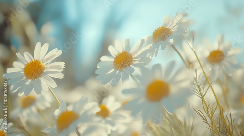 Chamomile flowers sway in the wind in summer. Macro view. Bokeh background in defocused sky colors 