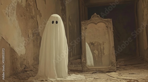 A classic white-sheet ghost with eyeholes floats near a cracked mirror in a dusty, abandoned house. --chaos photo