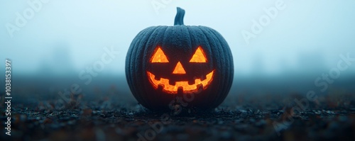 Spooktacular halloween pumpkin glows in the misty night creating a perfectly eerie atmosphere for festive celebrations