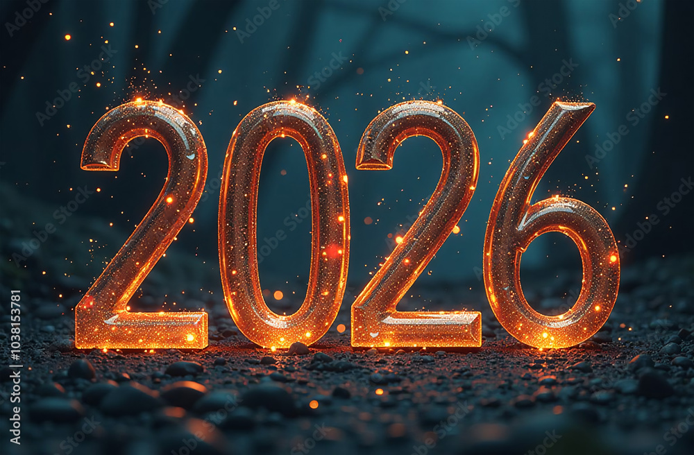 Happy New Year 2026. Glowing numbers on dark background. 3D Rendering Happy New Year 2026. Glowing numbers on dark background. 3D Rendering
