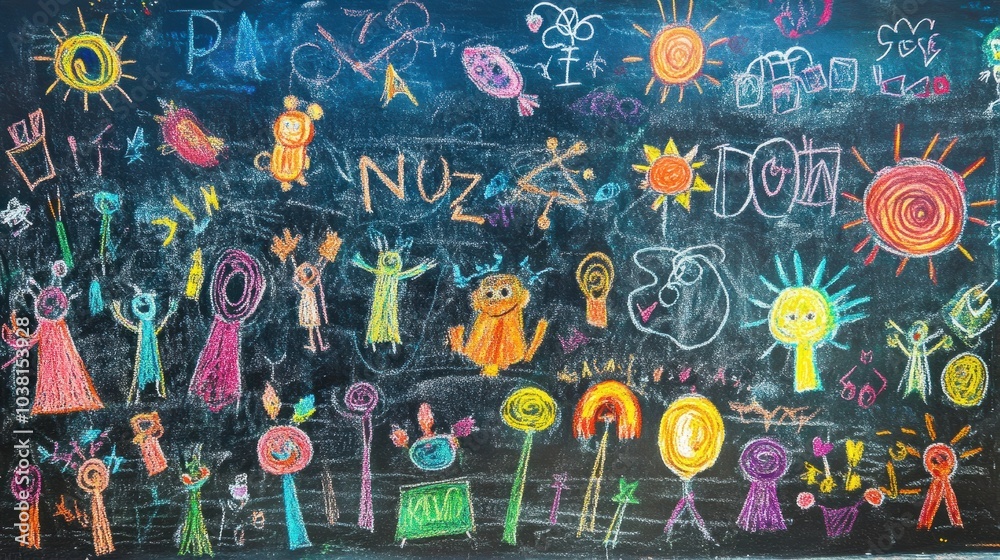 Obraz premium A vibrant Full HD image of a black chalkboard with colorful chalk drawings, set against a white background, perfect for capturing the playful spirit of learning and creativity.