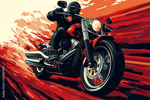 A dynamic illustration of a motorcyclist speeding on a vibrant red background. photo