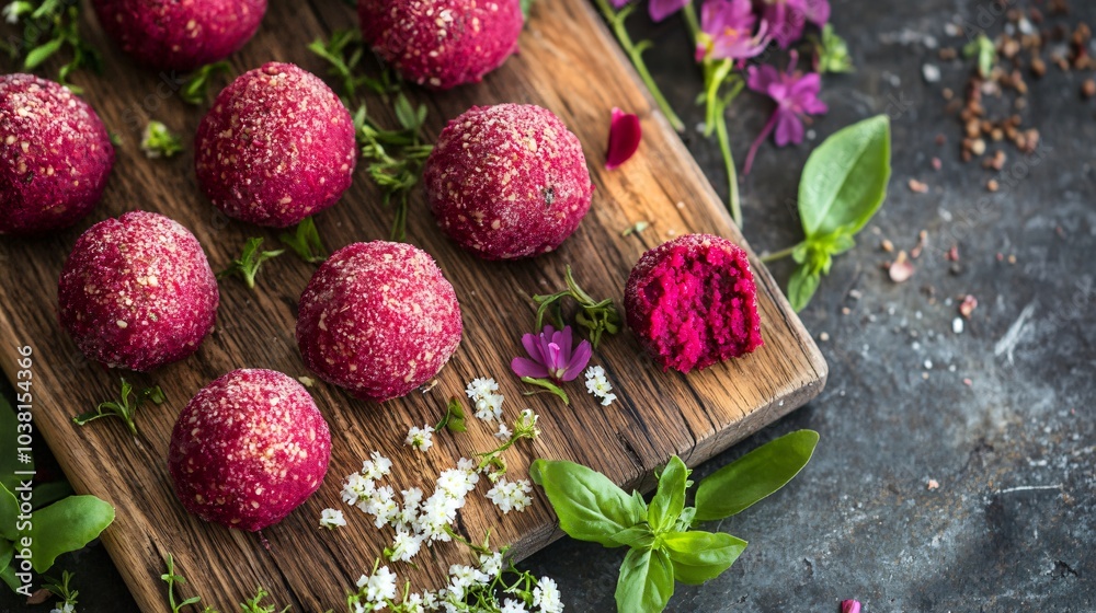 Beetroot and goat cheese arancini, isolated on a rustic wooden board with edible flowers and fresh herbs Beetroot and goat cheese arancini, isolated on a rustic wooden board with edible flowers and fresh herbs