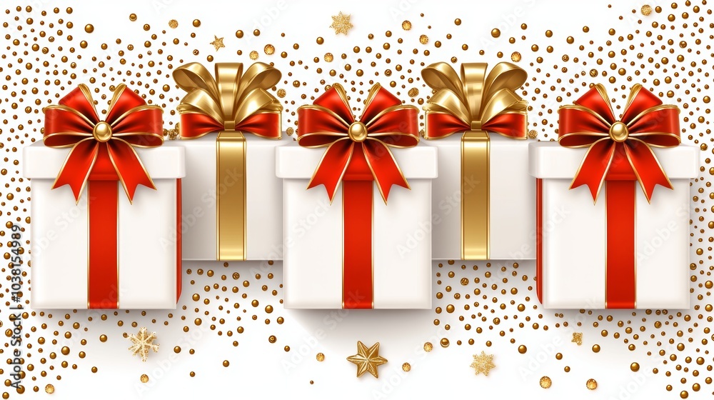 Obraz premium Gift Boxes with Red and Gold Ribbon on White Background with Confetti