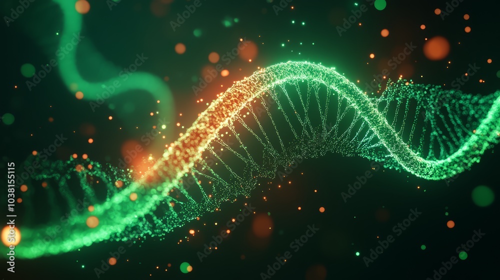 Colorful DNA strand on a dark background with glowing particles. Colorful DNA strand on a dark background with glowing particles.