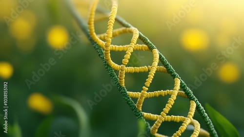 Colorful DNA strand with green and yellow beads, blurred floral background.