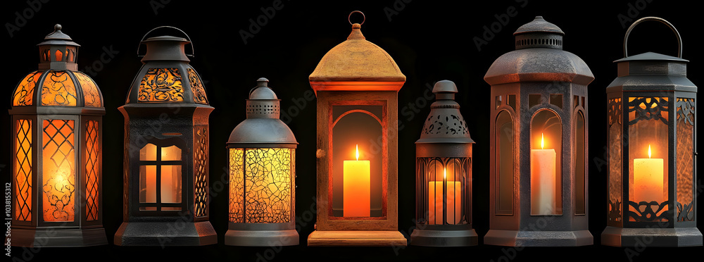 Set of Six Ornate Lanterns with Candles. Set of Six Ornate Lanterns with Candles.