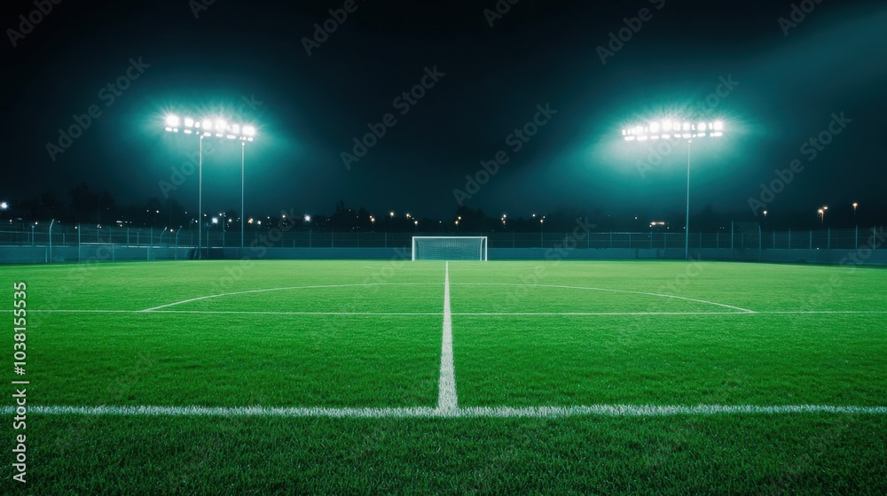 Fototapeta premium A soccer field with goalposts and stadium lights, evening setting, Dramatic style