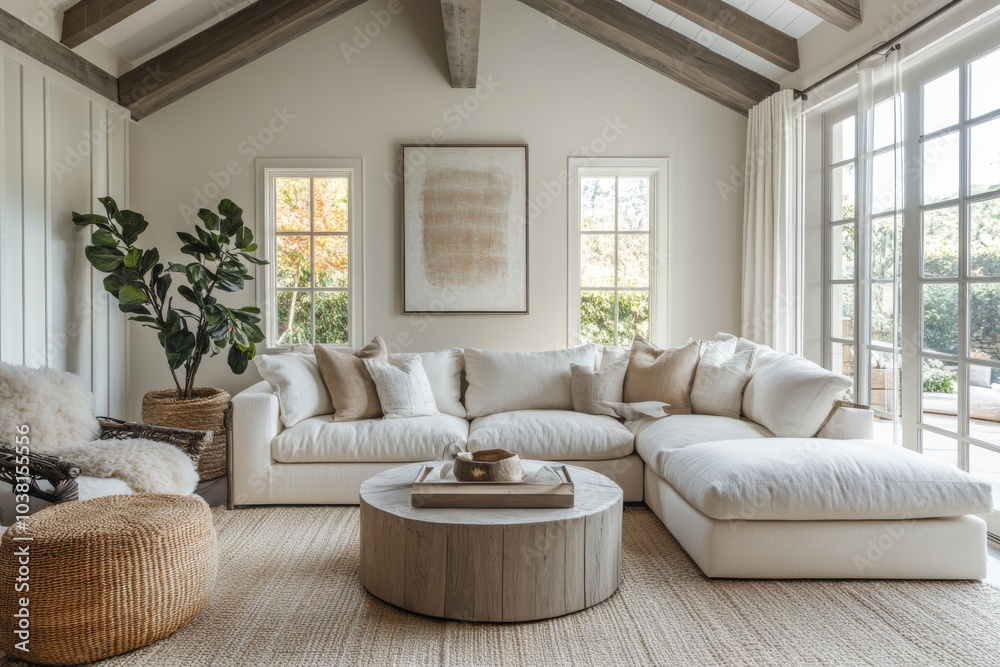 Fototapeta premium Modern Living Room Interior Design with White Sofa Jute Rug and Wooden Coffee Table