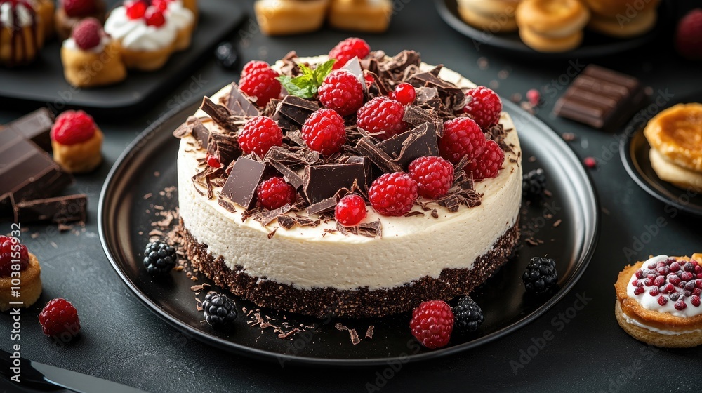 Creamy Cheesecake with Chocolate Shavings and Berries Creamy Cheesecake with Chocolate Shavings and Berries