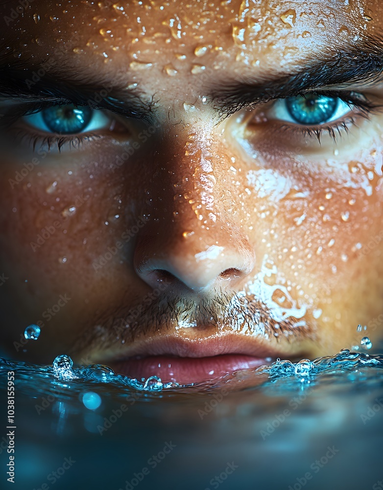 Close-up of a young man's face partially submerged in water, showcasing intense blue eyes and droplets. Close-up of a young man's face partially submerged in water, showcasing intense blue eyes and droplets.