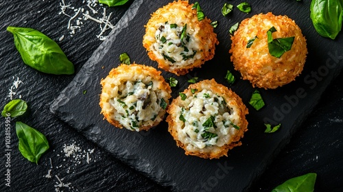 Risotto arancini with truffle cream filling, isolated on a dark slate board with a sprinkle of Parmesan and basil garnish photo