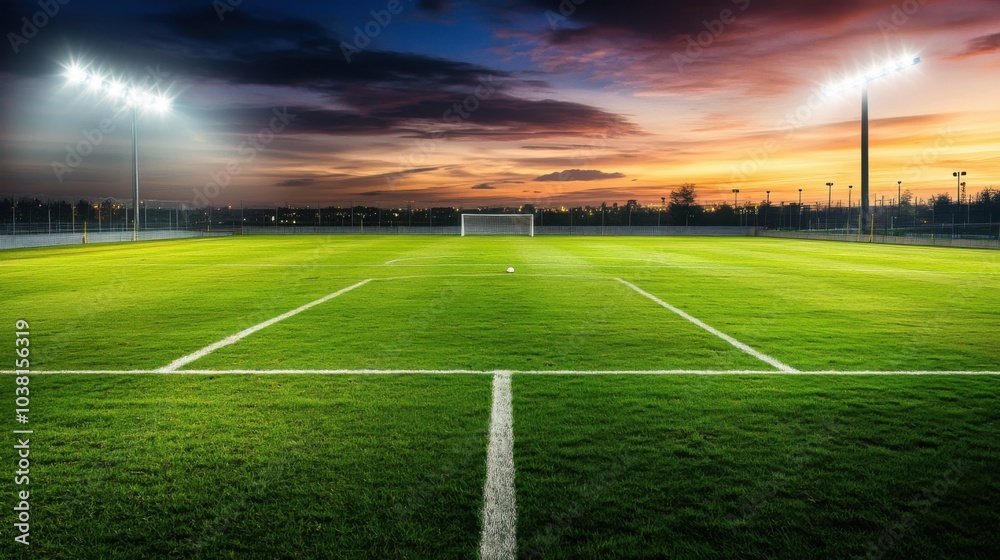 Fototapeta premium A soccer field with goalposts and stadium lights, evening setting, Dramatic style