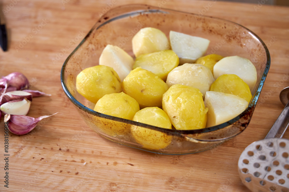 boiled potatoes lying in a clear dish on a board boiled potatoes lying in a clear dish on a board