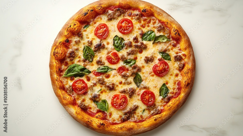Overhead Shot of Cheesy Pizza with Toppings Overhead Shot of Cheesy Pizza with Toppings