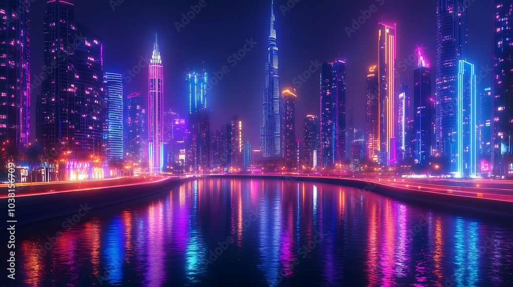 Fototapeta premium Radiant skyline glowing with neon lights at water's edge