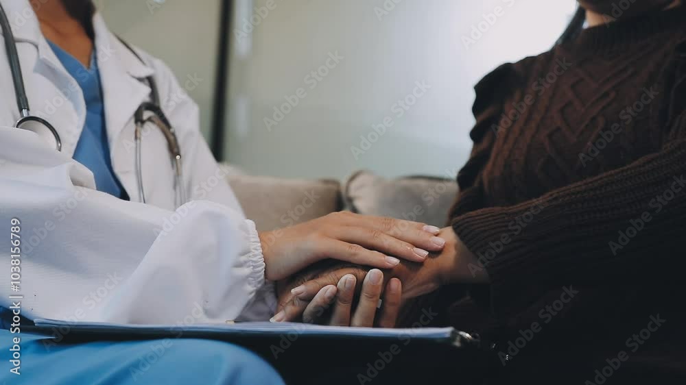 Doctor giving hope. Close up shot of young female physician leaning forward to smiling elderly lady patient holding her hand in palms. Woman caretaker in white coat supporting encouraging old person Doctor giving hope. Close up shot of young female physician leaning forward to smiling elderly lady patient holding her hand in palms. Woman caretaker in white coat supporting encouraging old person