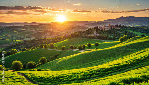 Lever de soleil sur les collines verdoyantes
