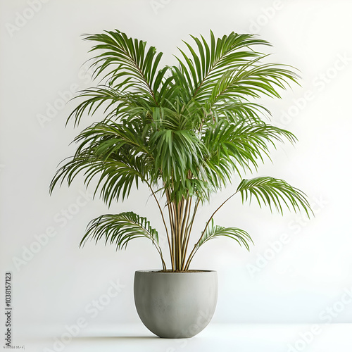 Green Palm Tree in a Grey Pot Against a White Wall.