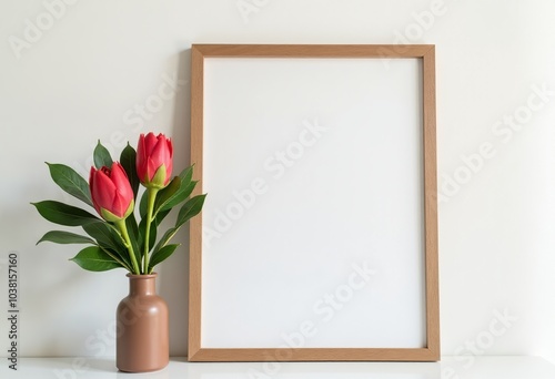 Minimalist Empty Photo Frame Featuring Stunning Protea Flowers in a Contemporary Vase - Enhance Your Living Space with Art