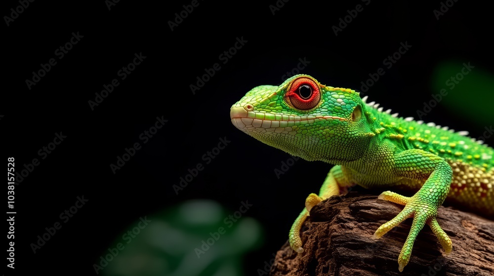 Obraz premium Colorful lizard resting on a log against a dark background.