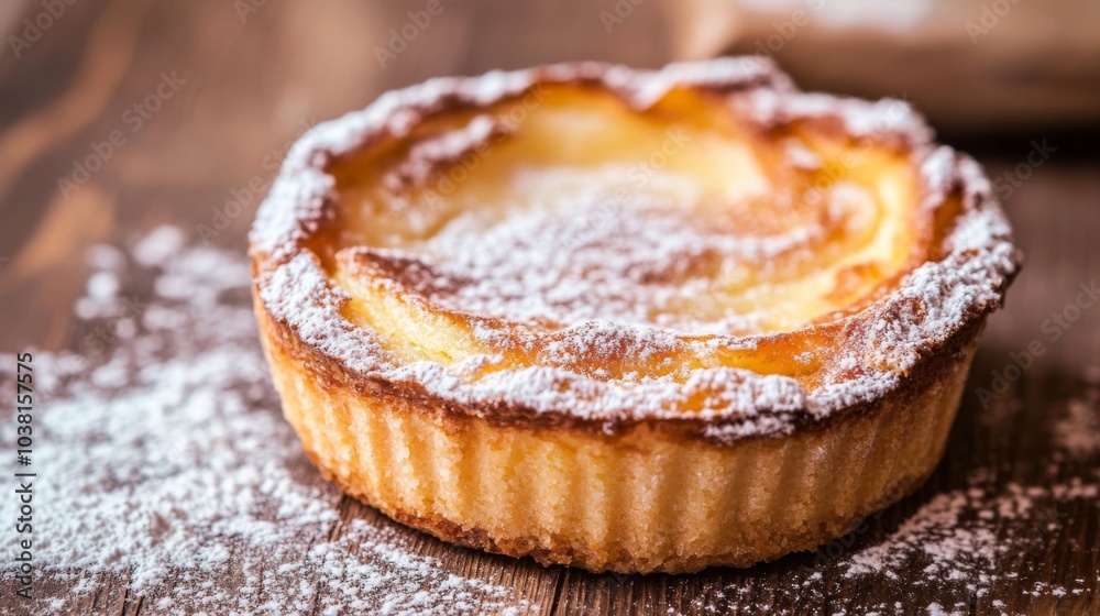 Delicious Pastel de Nata on Wooden Table Close-Up Delicious Pastel de Nata on Wooden Table Close-Up