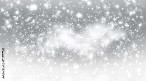 A silver and white abstract background with a scattering of shimmering stars and bokeh effects.