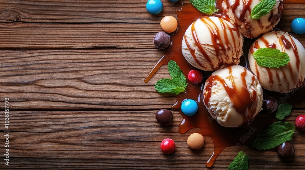 Delicious Ice Cream Scoops with Toppings and Garnish Delicious Ice Cream Scoops with Toppings and Garnish