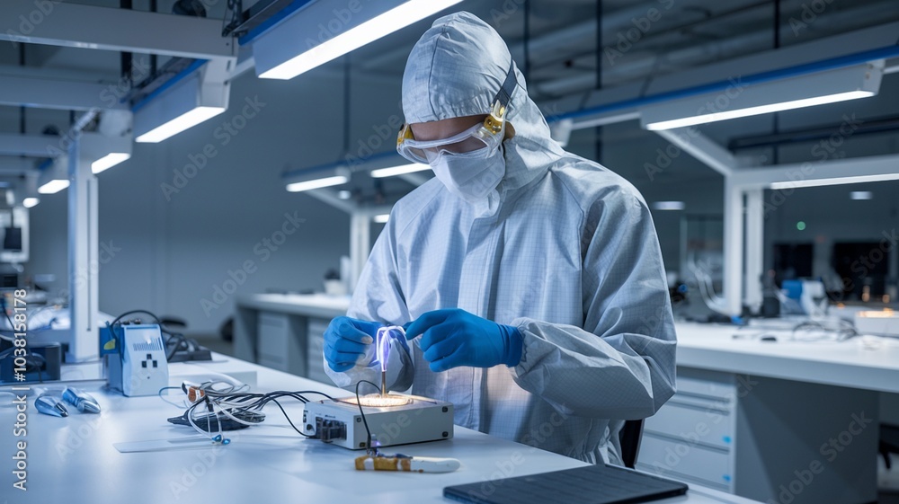 Engineer Developing Wearable Tech in High-Tech Lab Engineer Developing Wearable Tech in High-Tech Lab