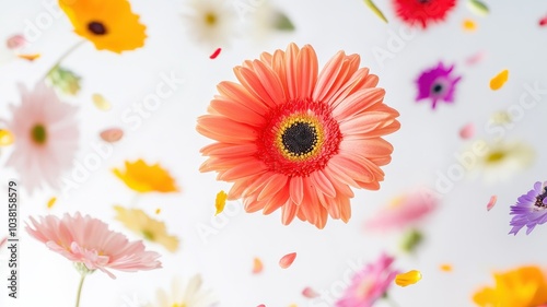 Colorful gerberas and other beautiful flowers flying in air on color background,Collection pink gerberas,Gerber Gerbera Daisy daisies flower floral,Mockup template artwork graphic design. photo